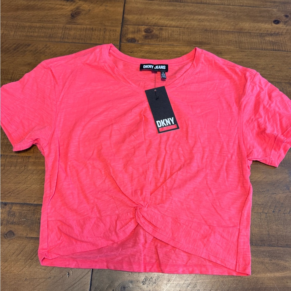 DKNY Jeans Red‎ orange pink coral cropped tee knot front details